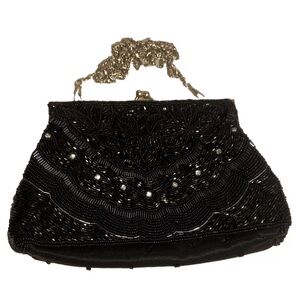 Vintage purse Black Satin Beaded Evening Bag Shoulder chain Formal Clutch